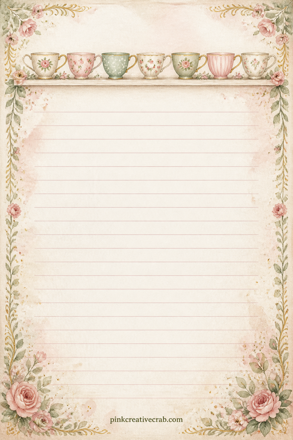 Teacup Frame Lined Page printable page — Tiny painted teacups line the top edge like a shelf, with faint lines below for writing. Shabby chic junk journal ideas
