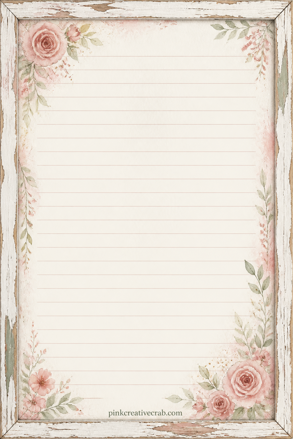 Chippy Frame Lined Page printable page — A thin chipped white frame borders the whole sheet, faint lines open inside it. Shabby chic junk journal ideas