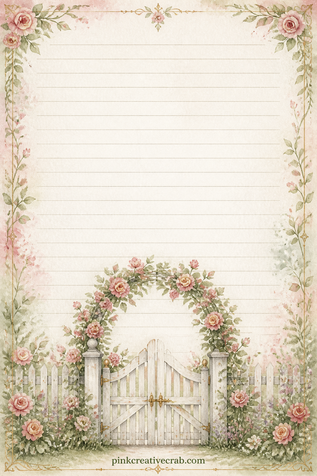 Garden Gate Border Lined Page printable page — A small painted garden gate and climbing rose sit along the bottom edge, faint lines filling the space above.