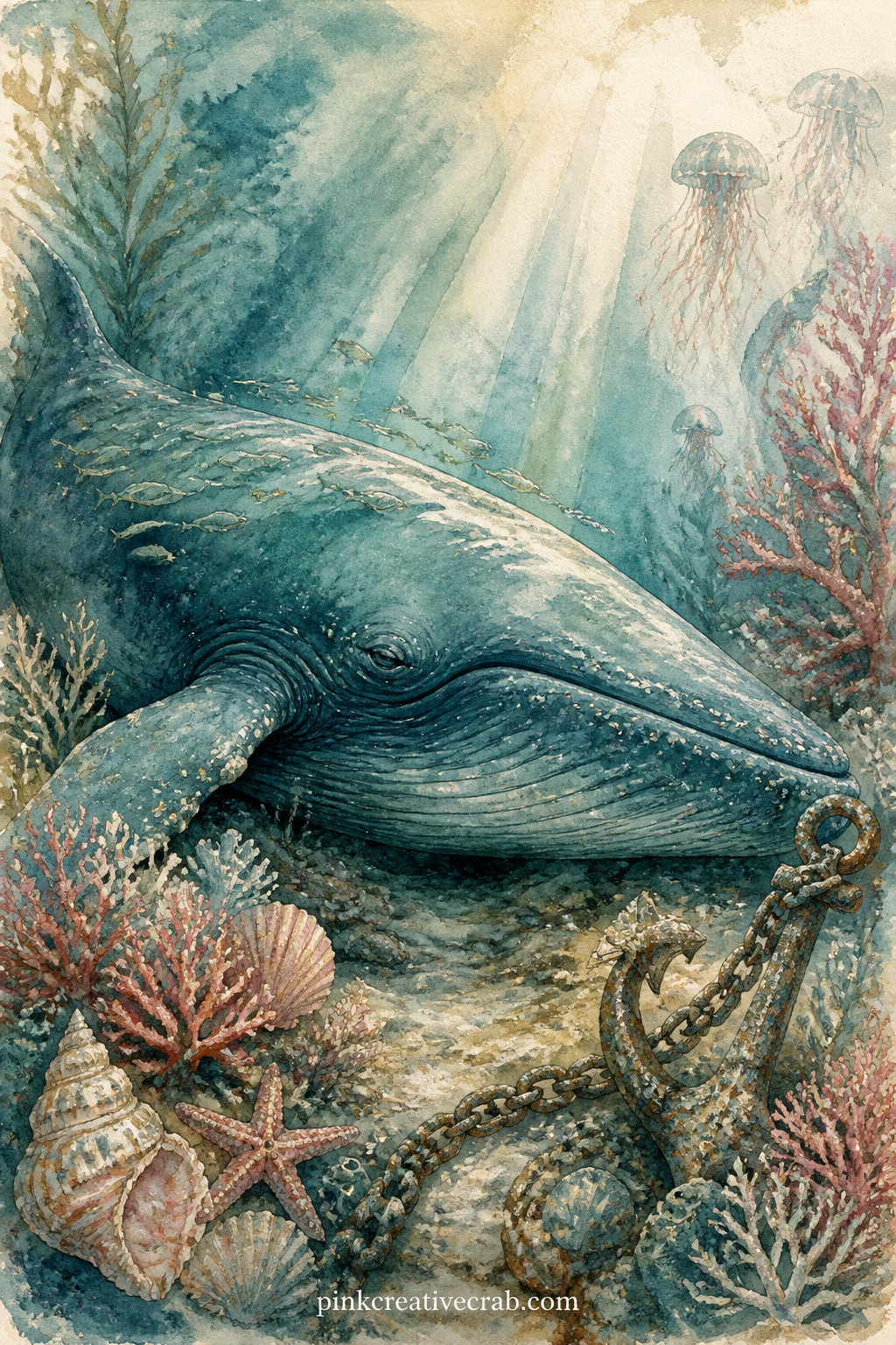 Sleeping Blue Whale printable page — Curled near the sea floor with small fish resting along its back, a trailing anchor chain, a cluster of pale coral and