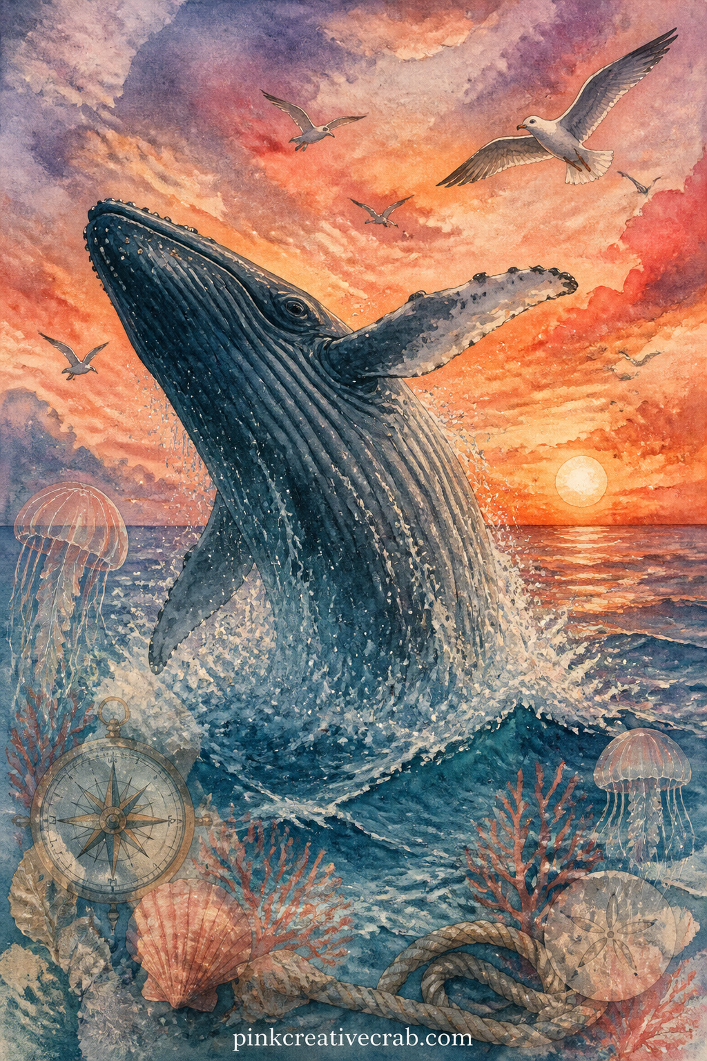 Humpback Whale At Sunset printable page — Breaching above a glowing orange horizon, this whale page works well as the opening spread of your journal, the first