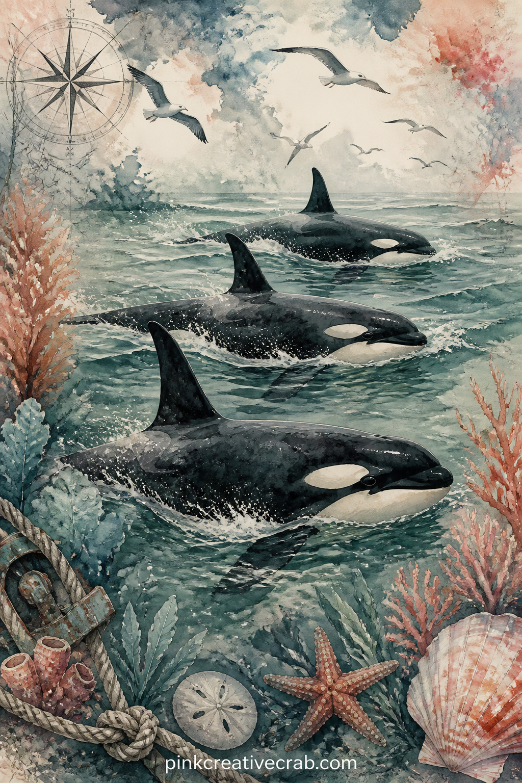 Orca Pod Swimming printable page — Tear the edge of this page roughly before gluing it in, so the black and white shapes of the pod seem to swim right off the