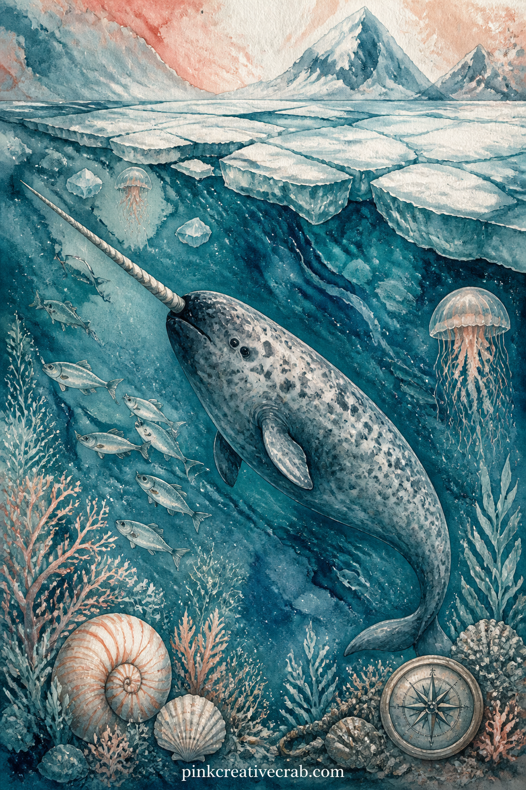 Narwhal Under The Ice printable page — A narwhal glides beneath a cracked ice shelf, its long tusk catching a thin beam of light, while small cold-water fish