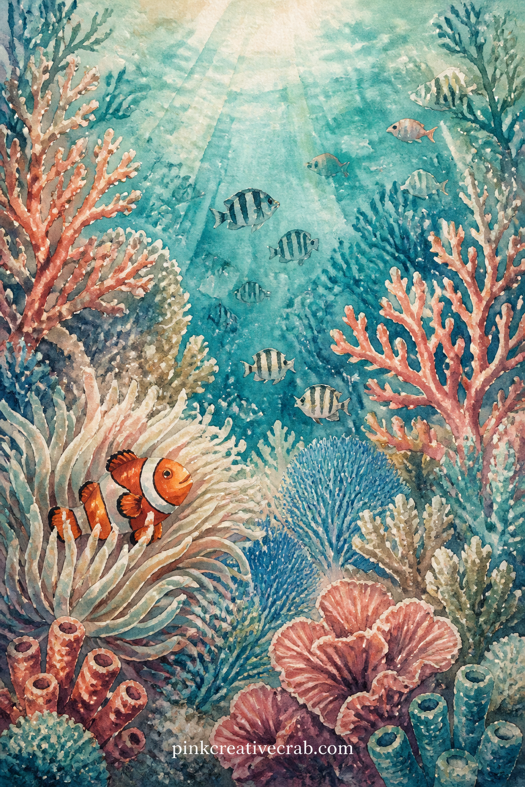 Coral Reef Full Of Fish printable page — Reef, fish, anemone and sea fan all crowd this one sheet, so cut it down and use just a corner of it behind a photo if