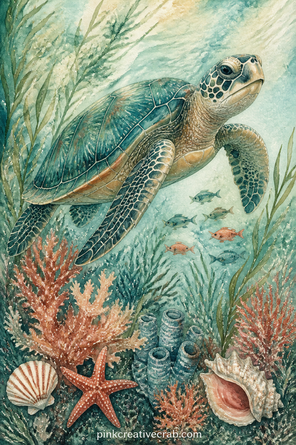 Sea Turtle Over Coral printable page — A green sea turtle drifts just above a bed of soft coral and waving sea grass. Ocean junk journal