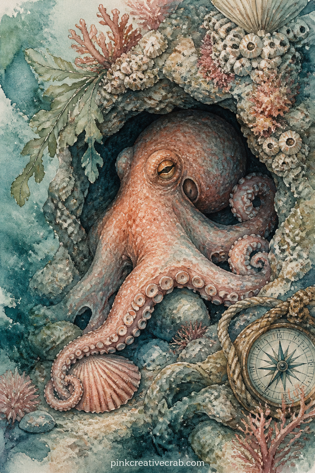 Octopus In A Rocky Den printable page — Glue a short note about patience or hiding in plain sight along the rocks beside this octopus, since the page already