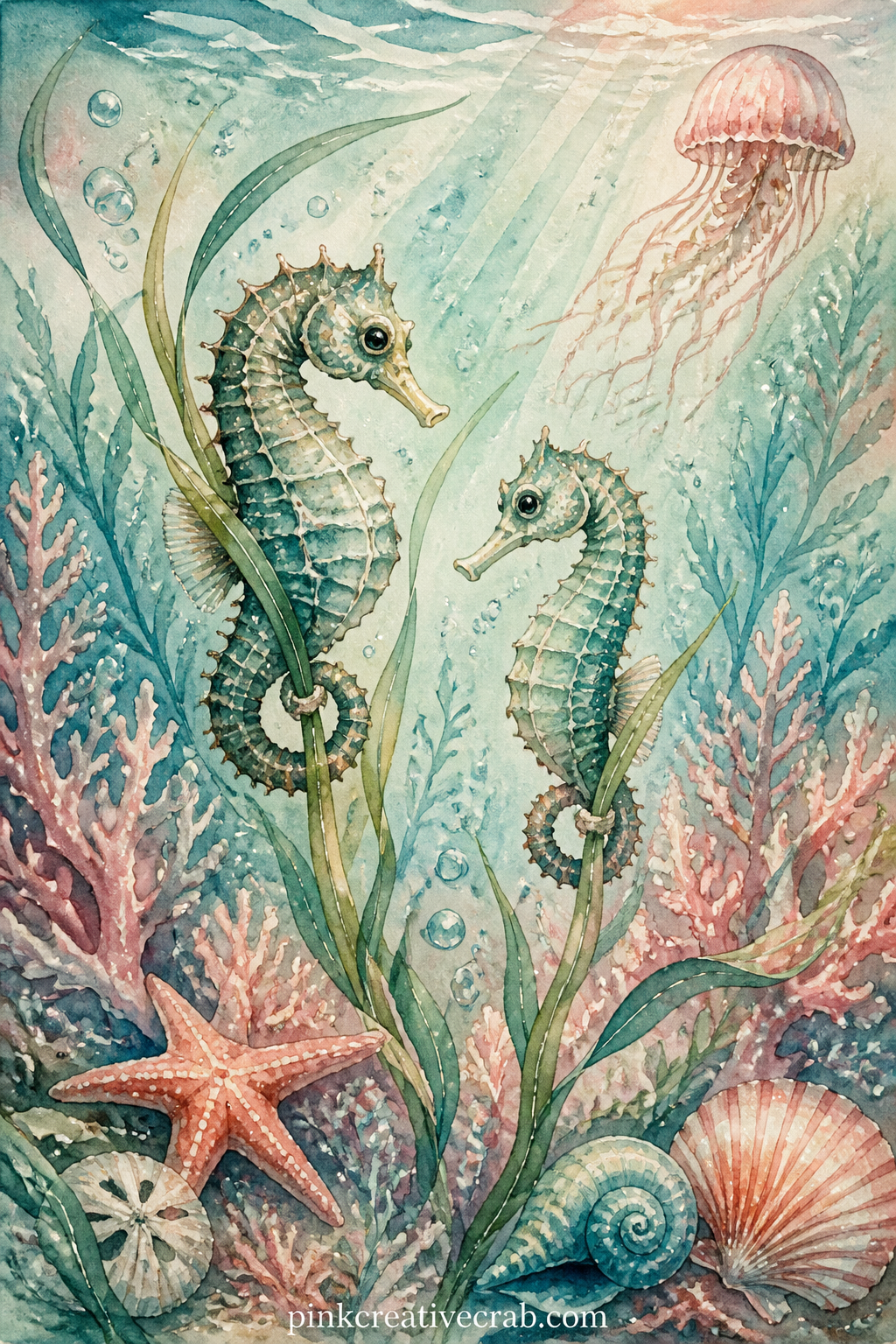Seahorse Garden printable page — Two seahorses hold onto strands of sea grass near a cluster of pink coral, with a scatter of small bubbles rising past them
