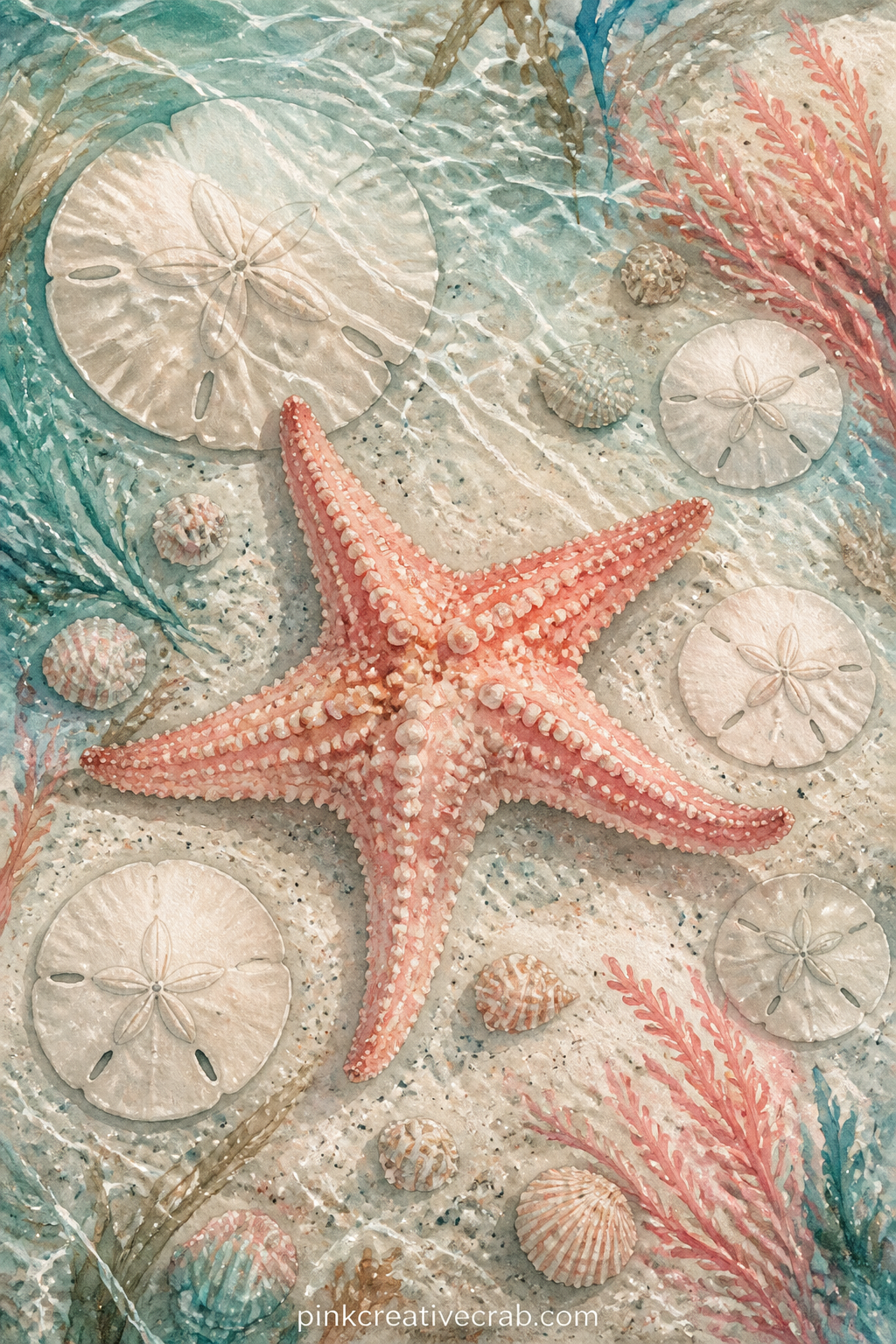 Starfish And Sand Dollars printable page — Fold this page along the middle before gluing it in, so the starfish sits on the visible half and the sand dollars