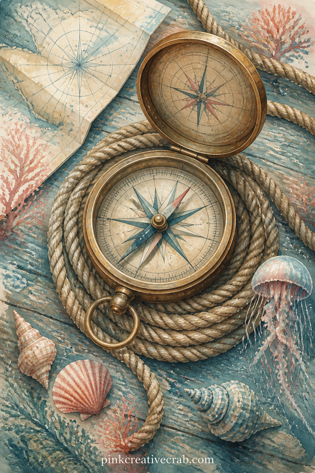 Brass Compass And Rope printable page — A brass compass sits open on a coil of rope, with a folded chart corner and a few scattered shells nearby, all painted