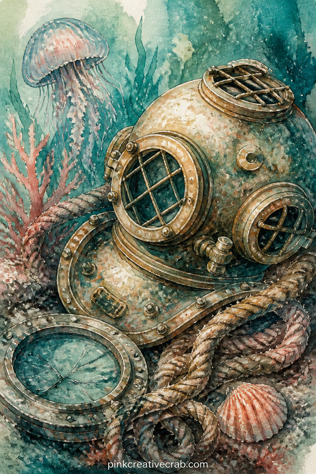 Old Diving Helmet printable page — Set beside a coil of rope and a cracked porthole window, with a scatter of small barnacles along its base, this brass diving