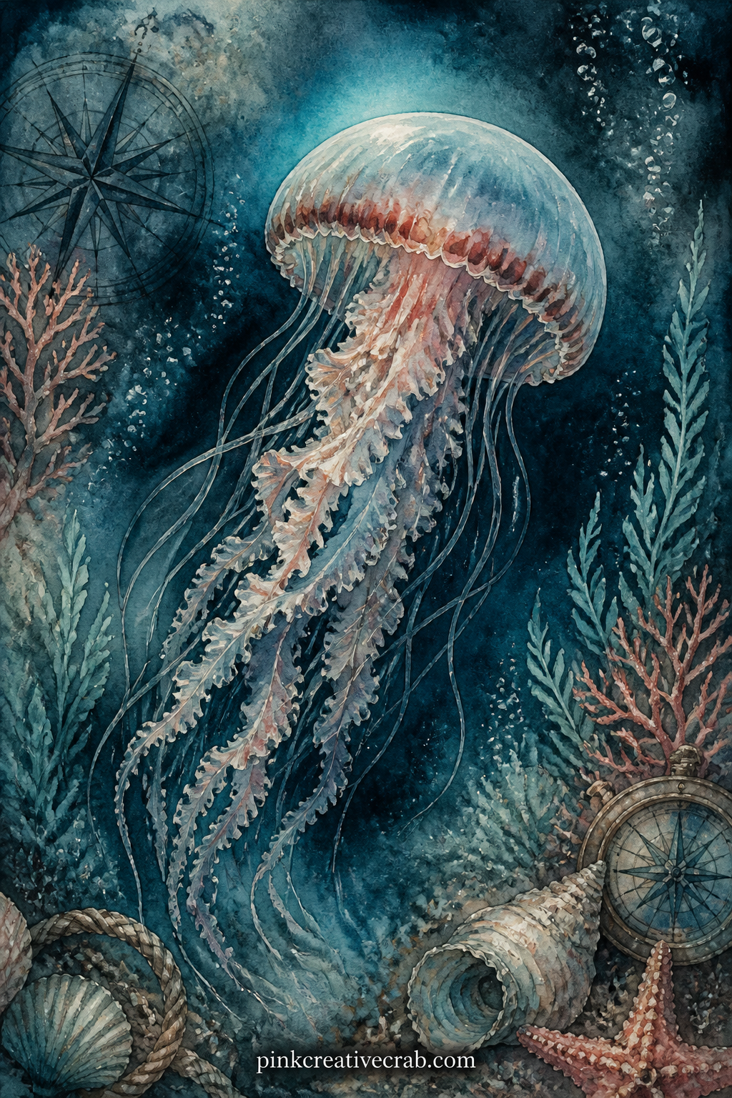 Jellyfish In Dark Water printable page — Drifting alone with trailing tentacles lit faintly from within, this jellyfish works best paired with the Waves And