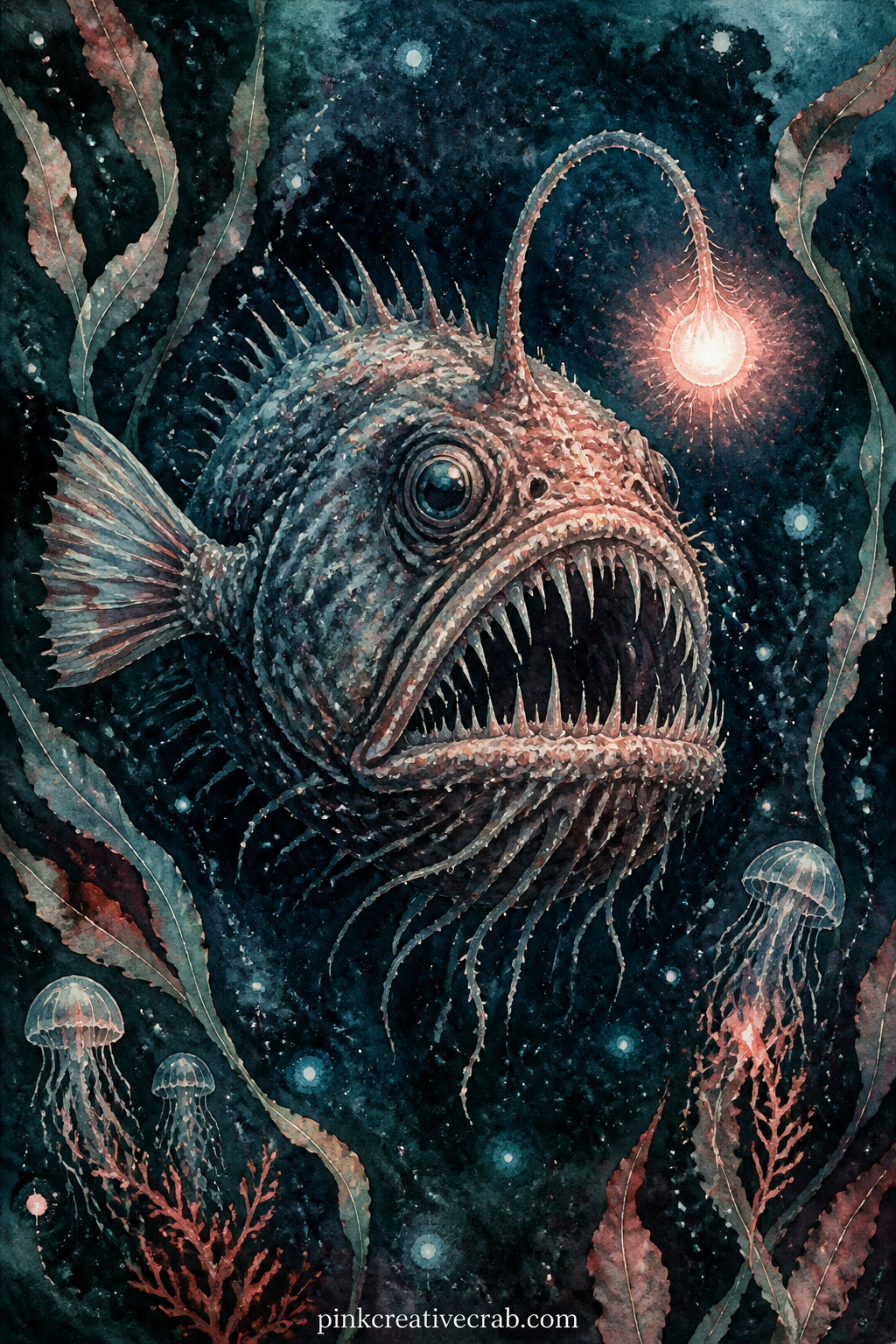 Anglerfish In The Deep printable page — Set in near total dark with only its lure glowing, an anglerfish drifts beside a scatter of small bioluminescent