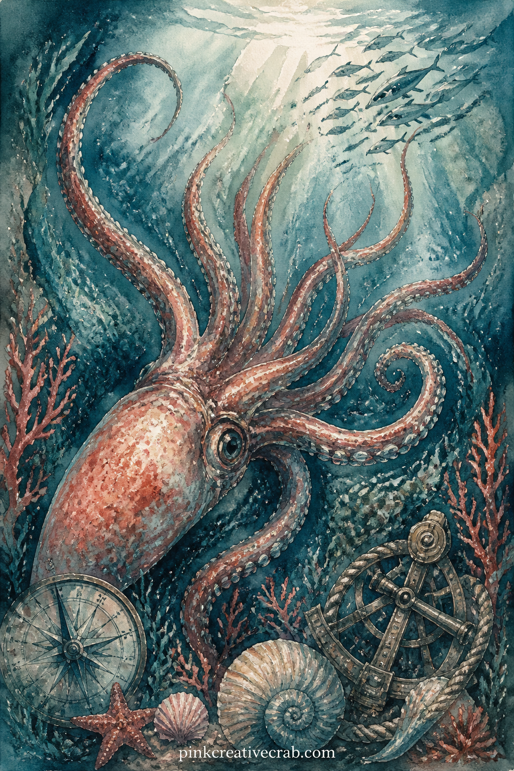 Giant Squid Rising printable page — A giant squid curls upward through the dark, one long arm reaching past a scatter of small fish fleeing above it, with a