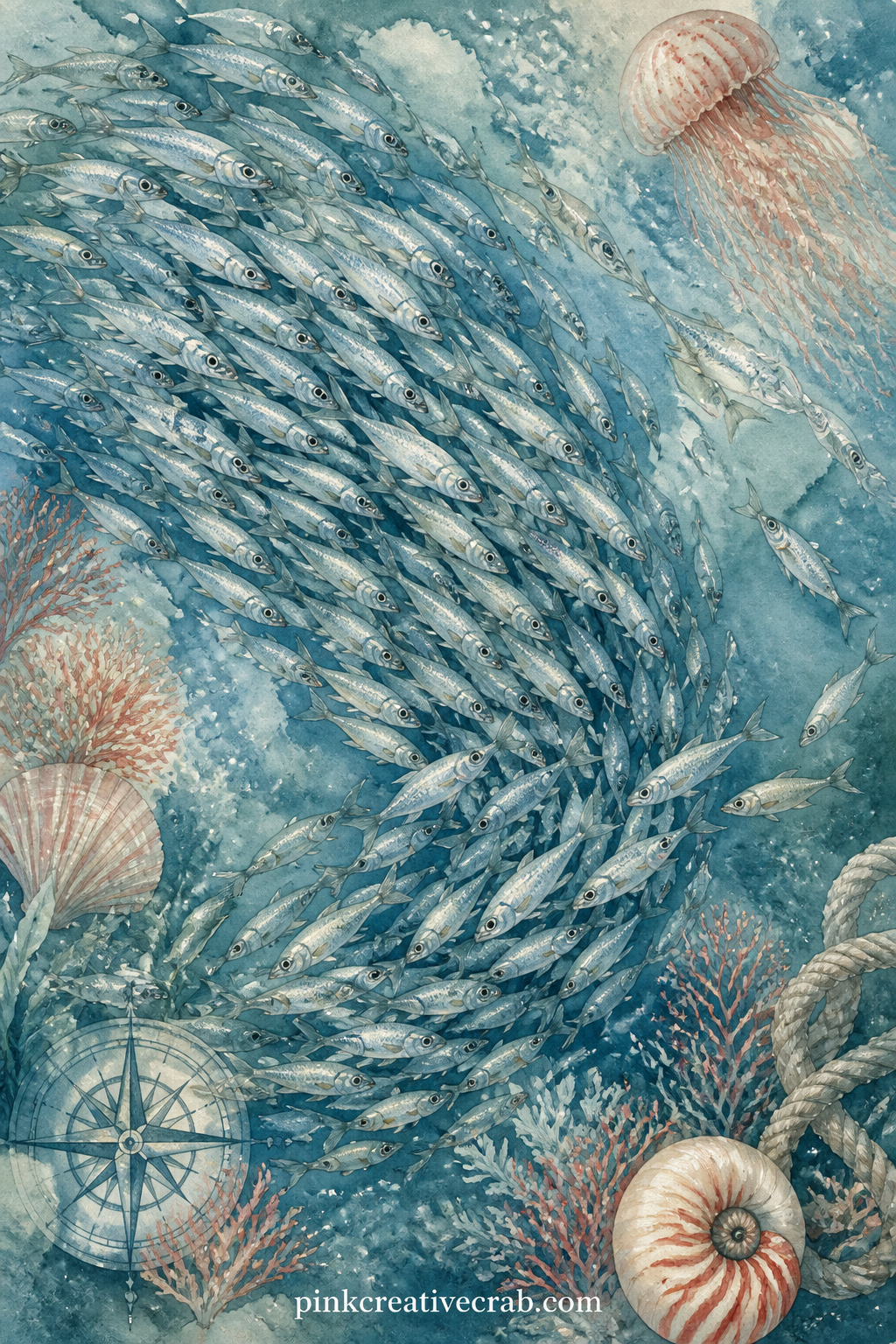 School Of Silver Fish printable page — Try the five minute version: paint one loose teardrop shape dozens of times in silver and pale blue, tilt a few of them