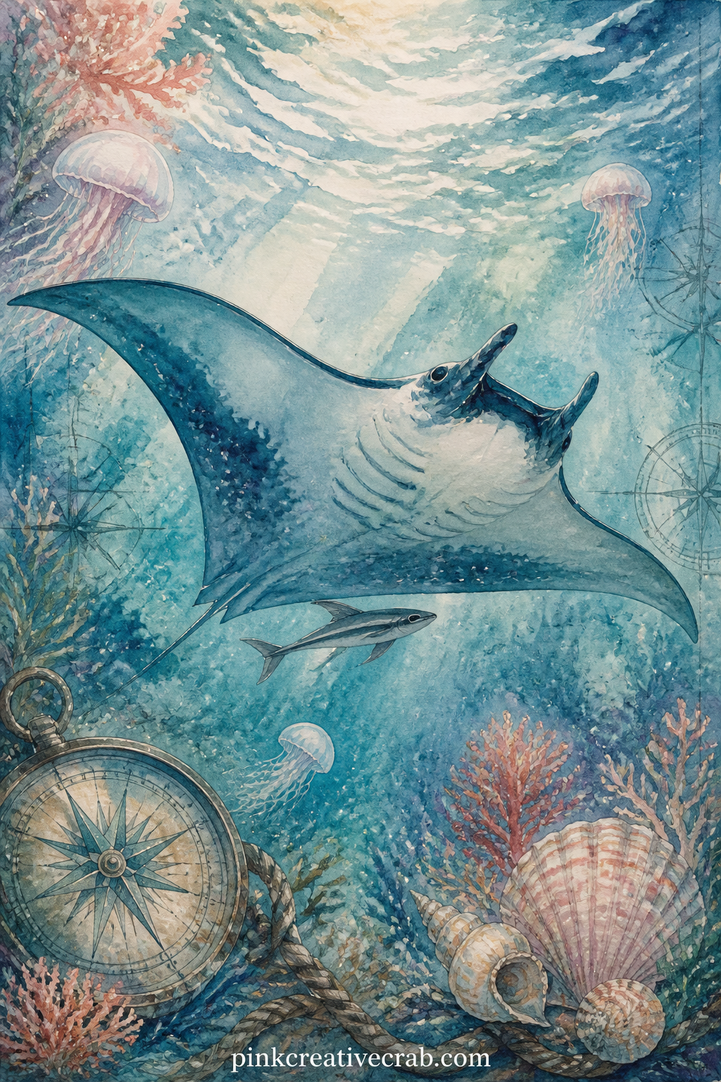 Manta Ray Gliding printable page — A manta ray glides just under the surface with its wide wings spread, a small remora fish tucked beneath it, scattered light