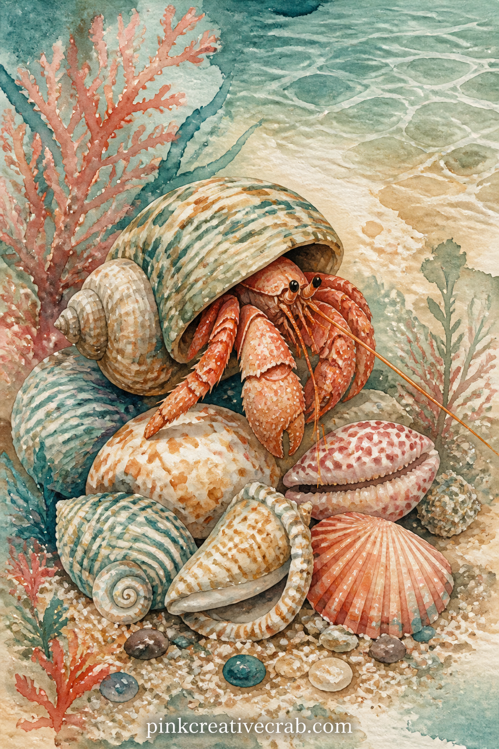 Hermit Crab On Shells printable page — A good question for this one: what did you carry with you the last time you moved somewhere new. Ocean junk journal
