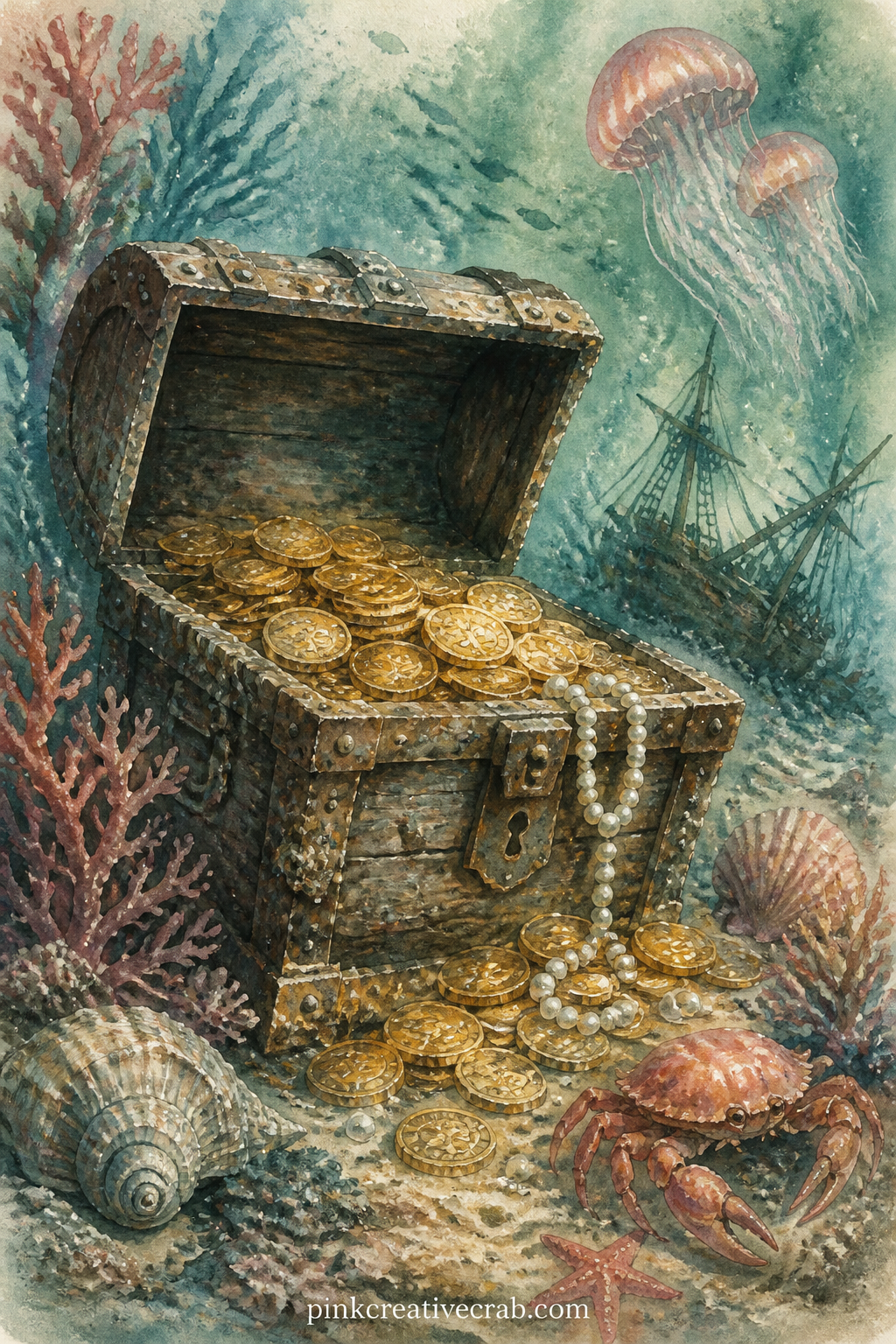 Sunken Pirate Chest printable page — Place a loose pearl bead or a small paper coin on top of this chest page before gluing it down, since the open lid and