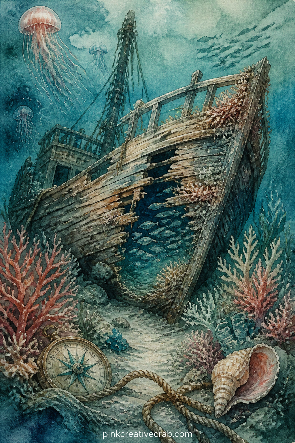 Old Shipwreck On The Seafloor printable page — Broken ribs of a wooden hull rest half buried in sand, with coral growing along the old planks and a school of
