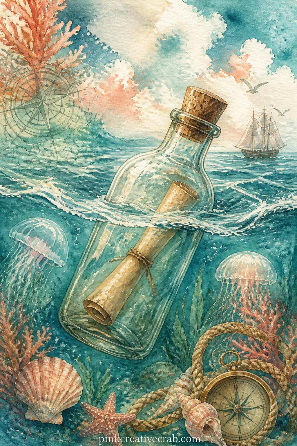 Message In A Bottle printable page — Floating near the surface with a rolled paper visible through the glass, this page gives you an obvious spot to glue in a