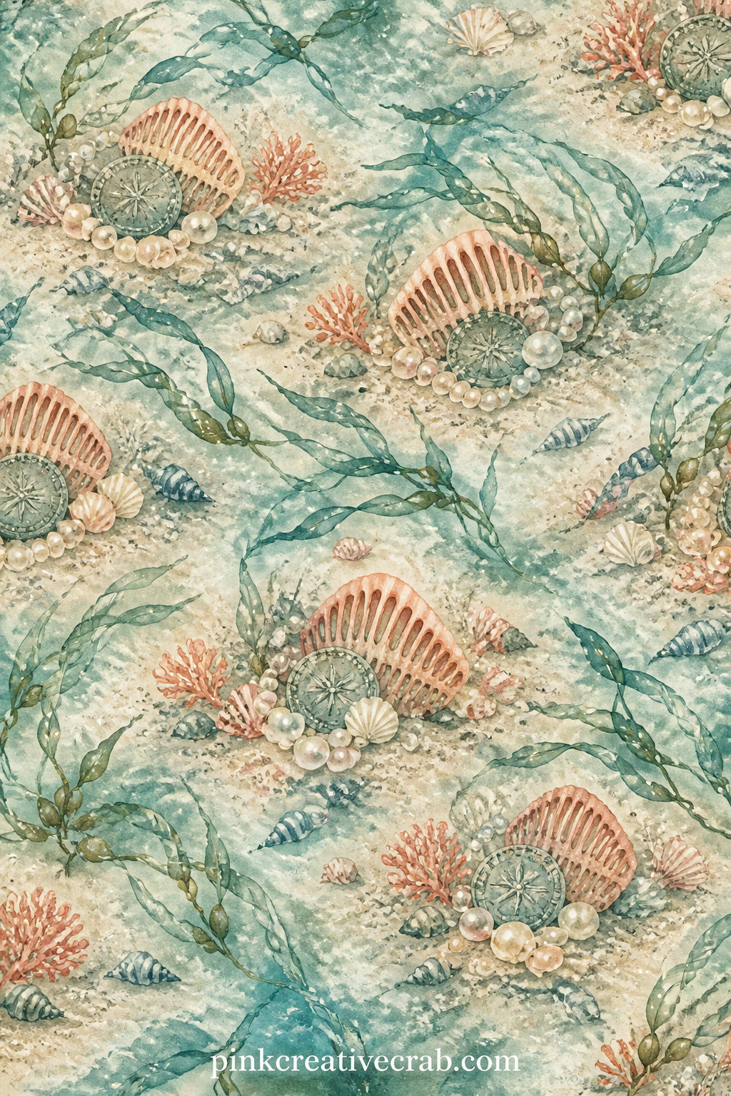 Mermaid's Treasure Pile printable page — A small pile of pearls, a curved shell comb and an old coin sit together on a bed of sand, with a few strands of kelp