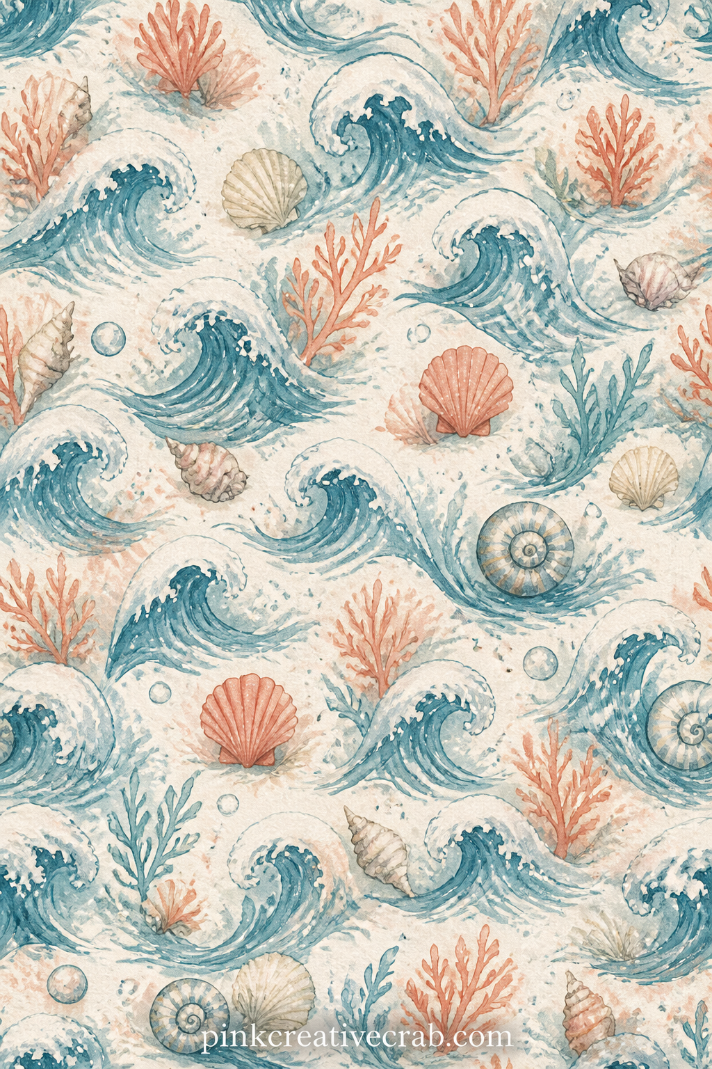 Waves And Shells Pattern printable page — Use this page as a cover wrap, a lining behind a photo of the shore, or torn into strips for a border along the edge