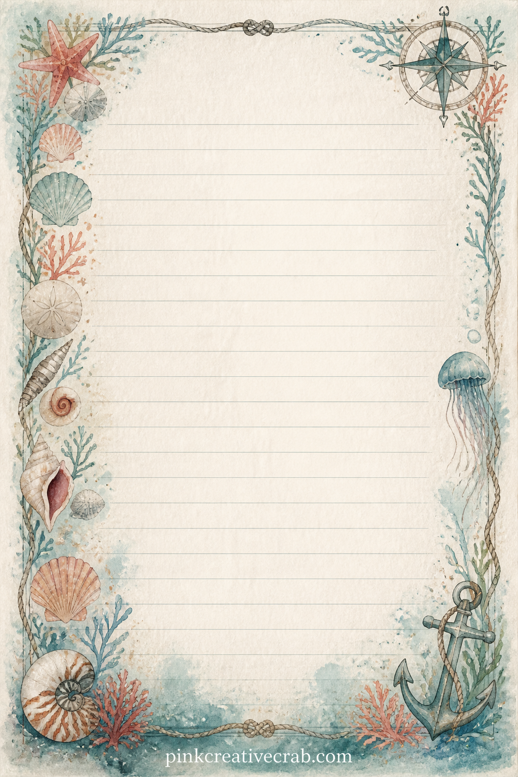 Shoreline Memory Lined Page printable page — Use this page for a letter to next year, a list of shells found on a walk, or a short memory of a particular