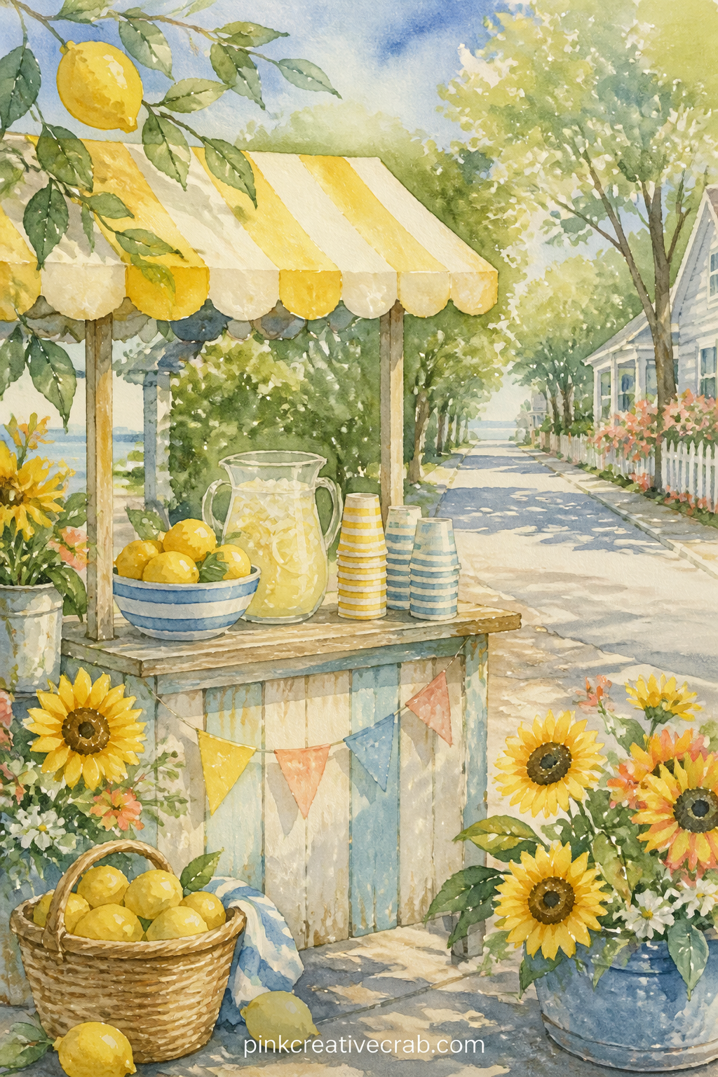 Lemonade Stand On A Quiet Street printable page — Pair this page with the lemon pattern background further on: use the pattern as a facing page so the stand