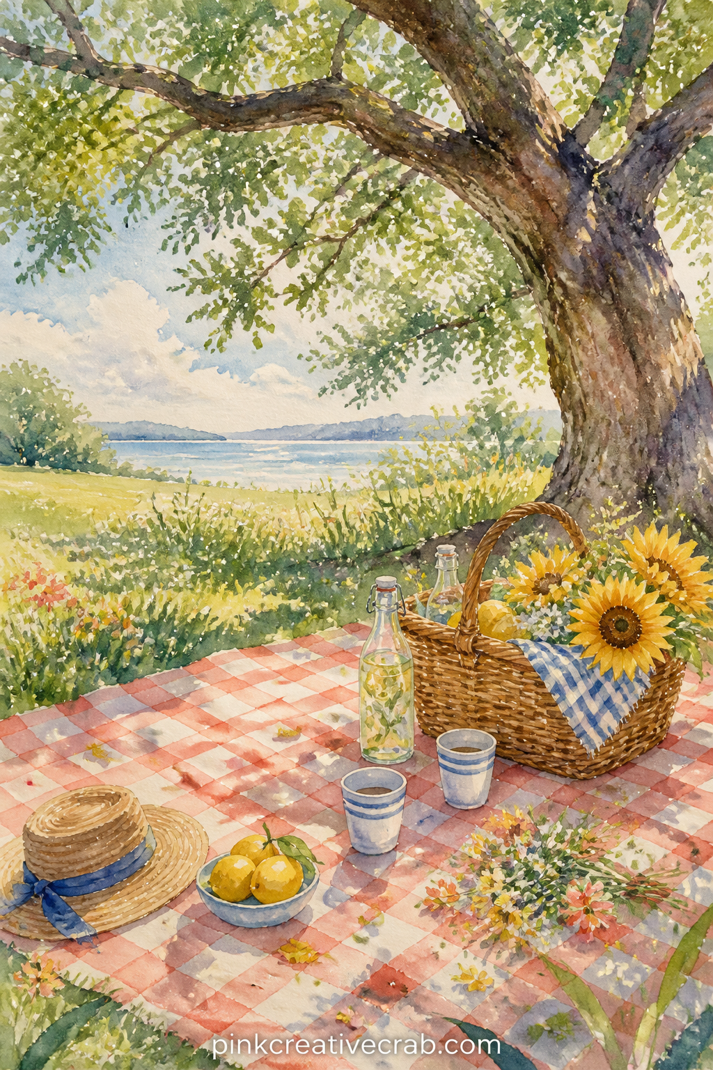 Picnic Blanket Under An Oak Tree printable page — Glue in a pressed clover or a real grass blade once the page is dry, right along the edge of the blanket
