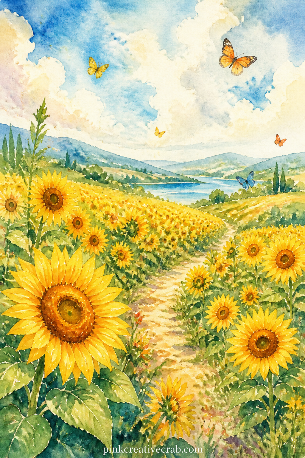 Sunflower Field At Noon printable page — Tear the top edge of this page by hand instead of cutting it, so the line of sunflowers looks like it keeps going past