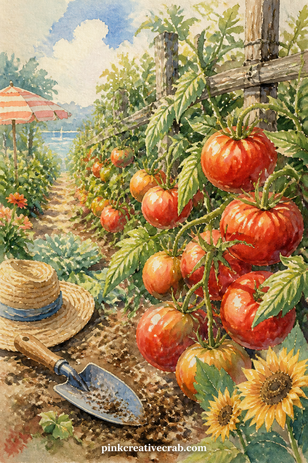 Garden Row Of Ripe Tomatoes printable page — The usual mistake here is painting every tomato the same red: leave a few green and blushing, since that is what