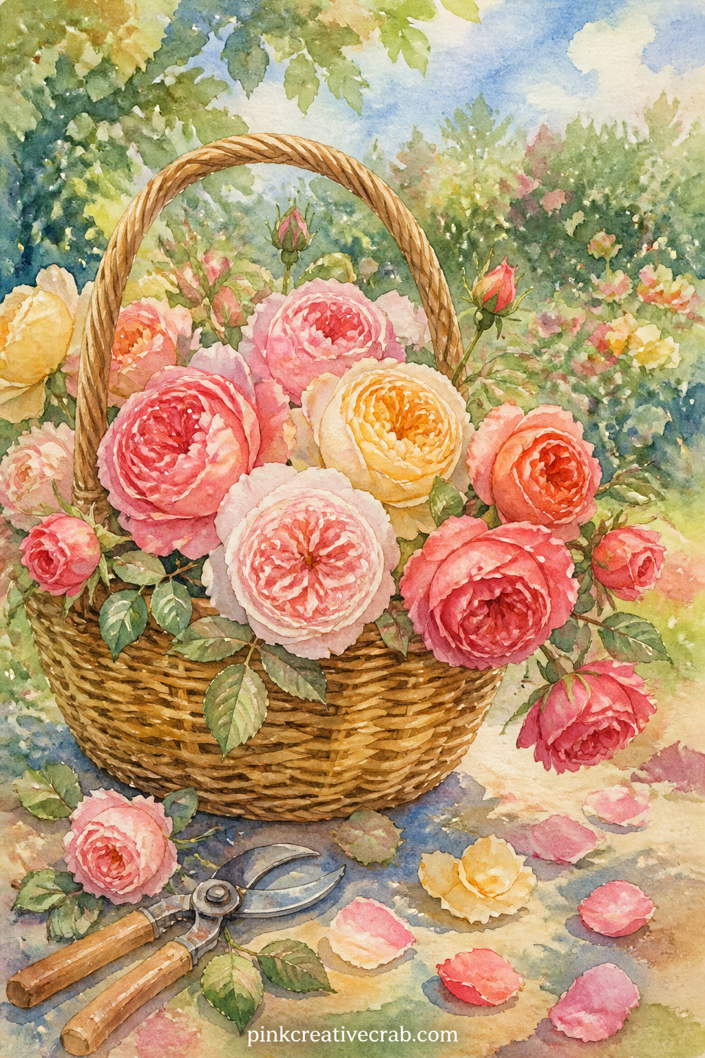 Basket Of Garden Roses printable page — Write the name of the rose variety, the date you cut them or who gave you the bunch along the basket handle in small