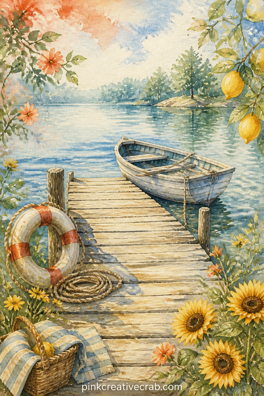 Lake Dock With A Rowboat printable page — This is the five minute version of a water page: one plank dock, one small rowboat tied at the end, and a wash of