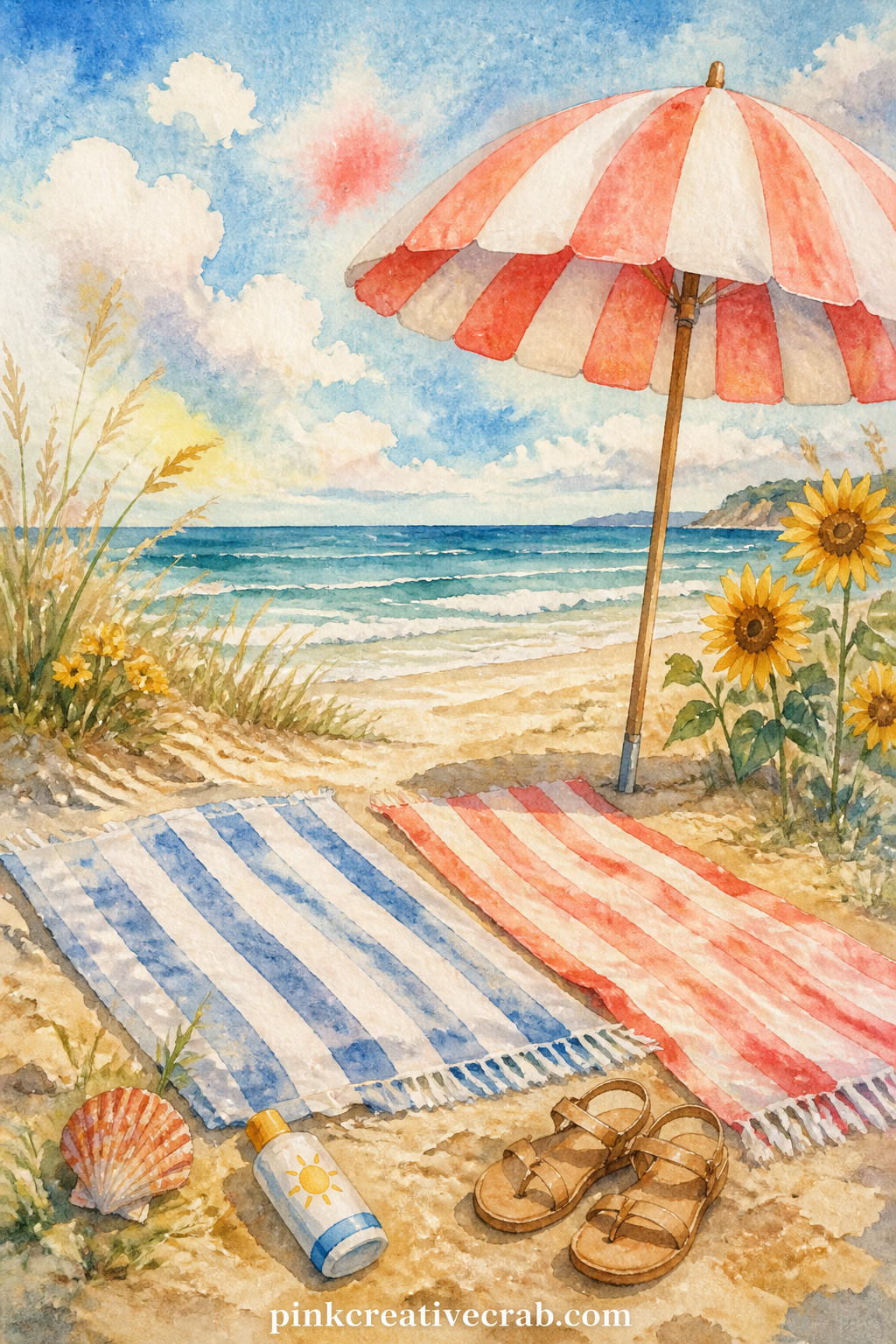 Beach Towels And Striped Umbrella printable page — A good question for this page: what did the sand feel like underfoot that day, and who was lying on which