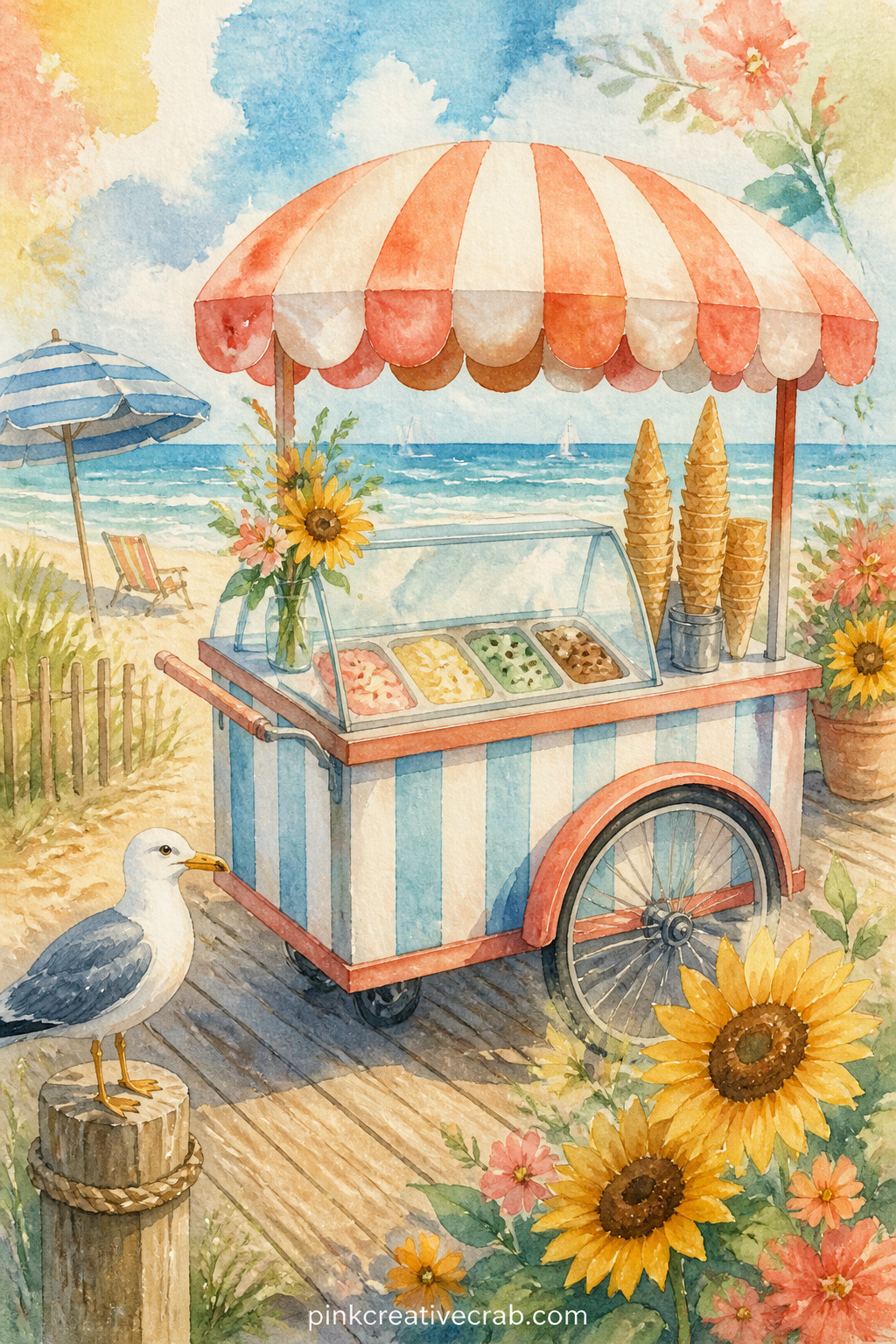 Ice Cream Cart By The Boardwalk printable page — Place this page across from the lake dock scene, so one spread holds the walk down to the water and the treat