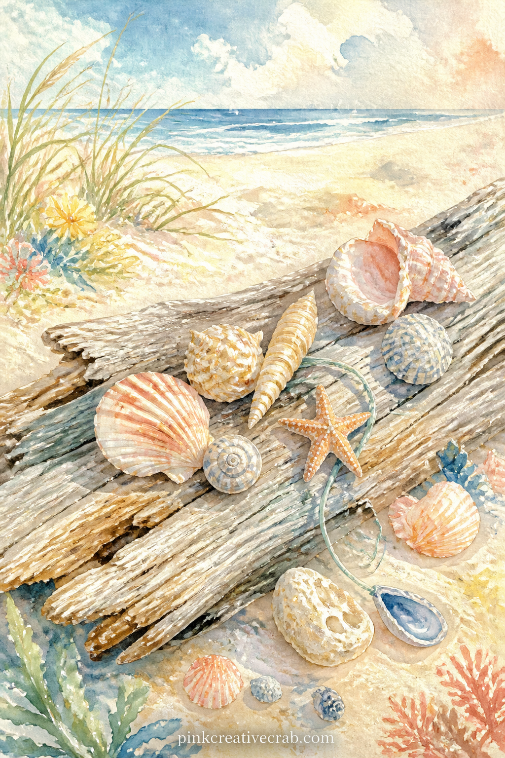 Seashells On Driftwood printable page — Tea stain just the corner of this page before you paint, so the shells look like they washed up and dried there years