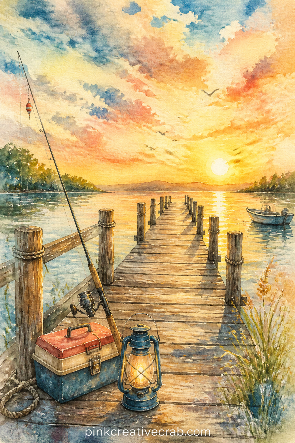 Fishing Pier At Golden Hour printable page — Fold the top third of this page down before gluing it in, so the golden sky stays hidden until the page is turned.