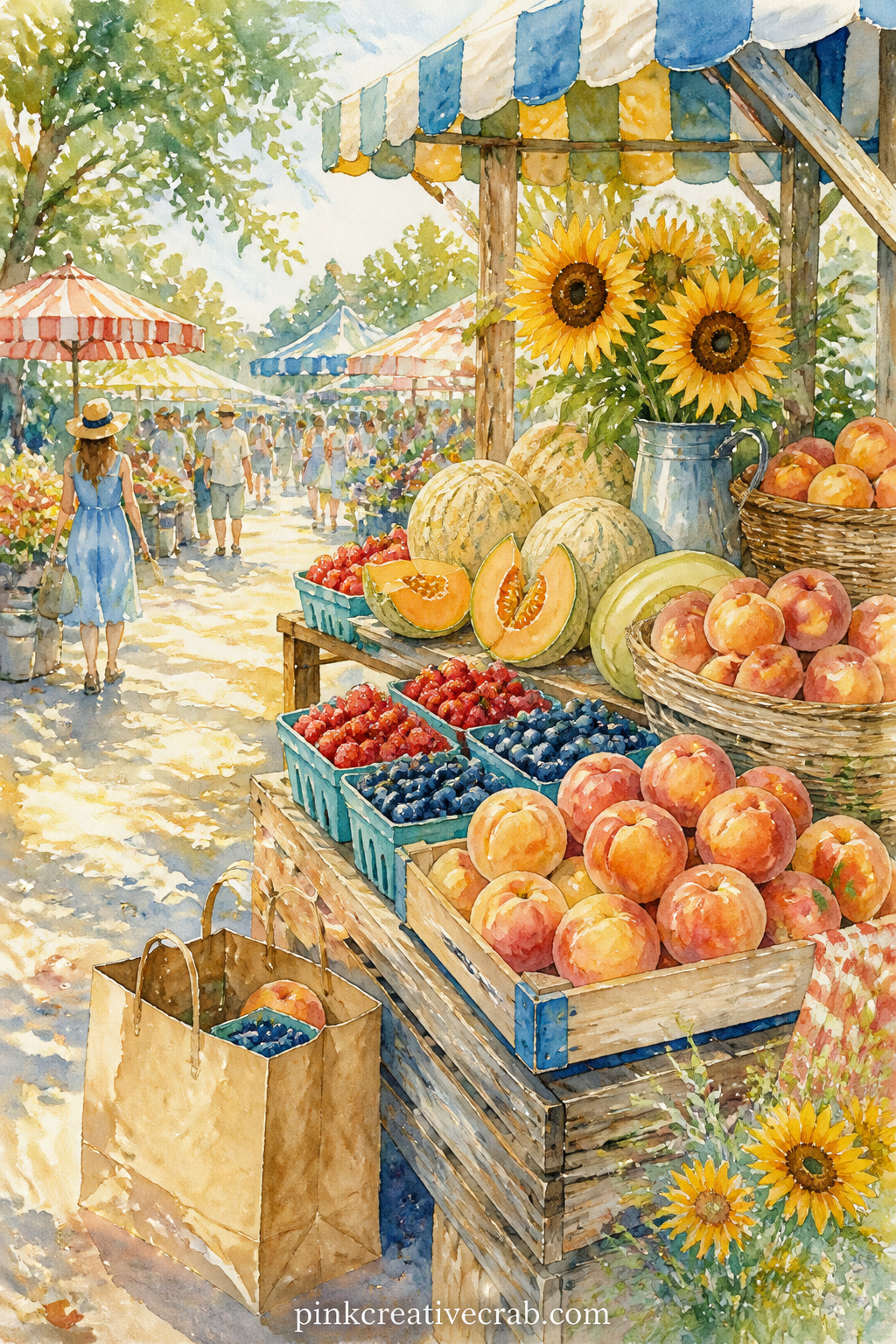 Farmers Market Fruit Stand printable page — Glue a real market receipt, a paper bag label or a small price tag onto the corner of this page once it is dry.