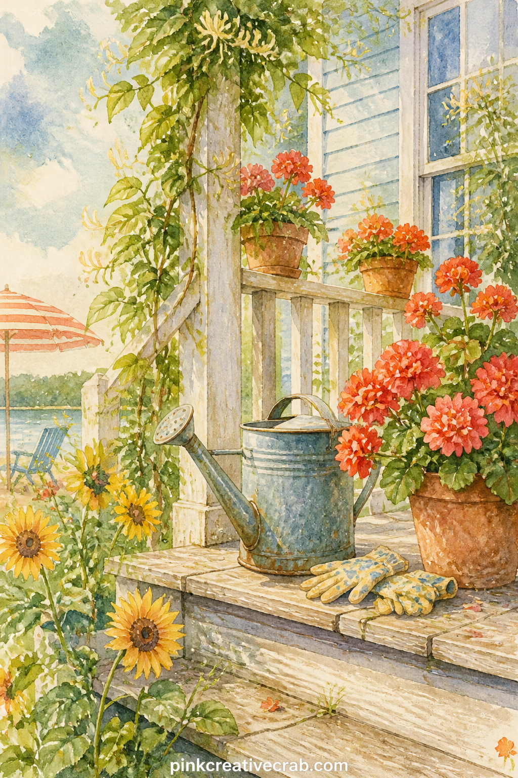 Front Porch With A Watering Can printable page — The usual mistake is painting the porch flat on: angle it slightly so the steps and railing give the page some