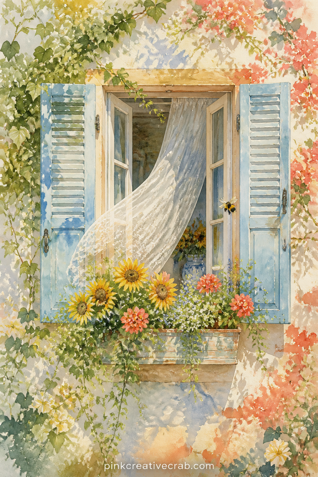 Open Window With Flower Boxes printable page — Write a short line about the view from a summer window you remember, right along the sill of this page. Summer