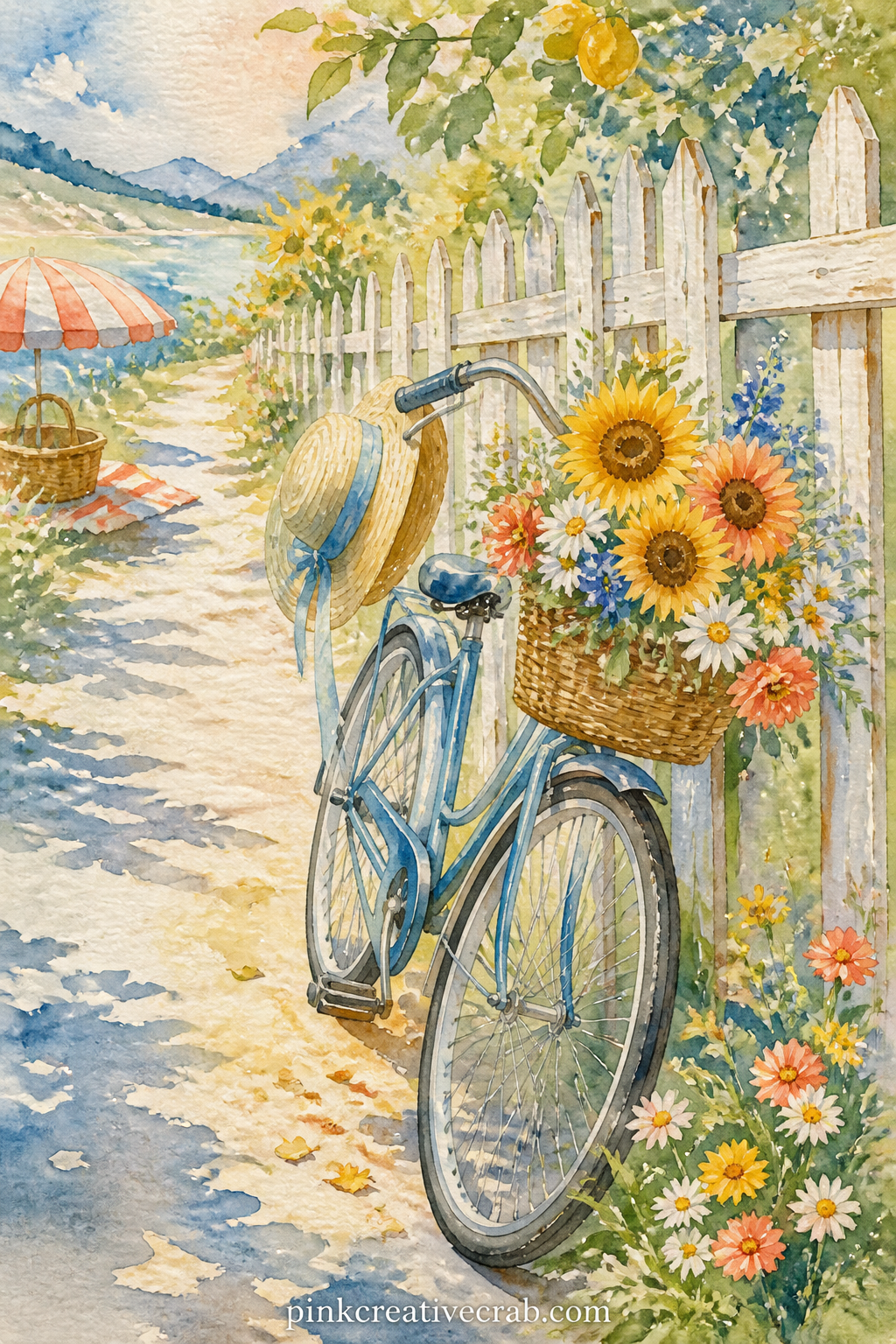 Bicycle Leaning On A Fence printable page — Pairs well as the five minute version: one bicycle, one fence, one basket of flowers tied to the handlebars, done.