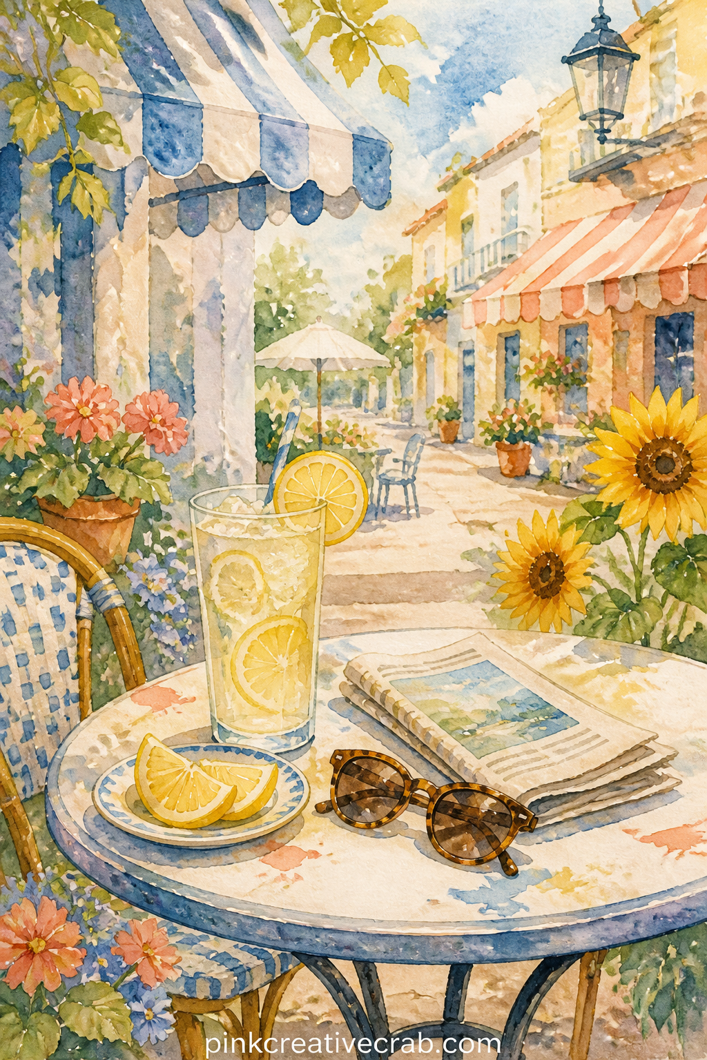 Open Air Cafe Table printable page — This small round table scene holds a cold drink, a folded newspaper, a pair of sunglasses and a saucer of lemon slices
