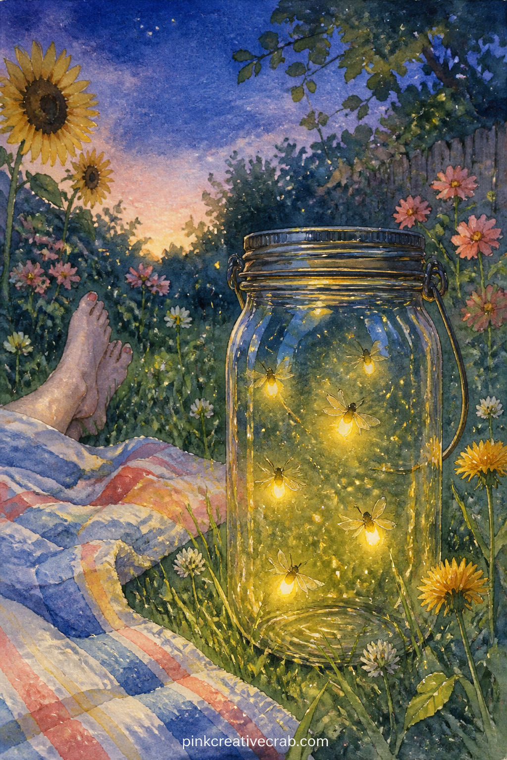 Backyard Firefly Jar printable page — Tear the bottom edge of this page so the grass line looks uneven, the way a real lawn does at dusk. Summer junk journal