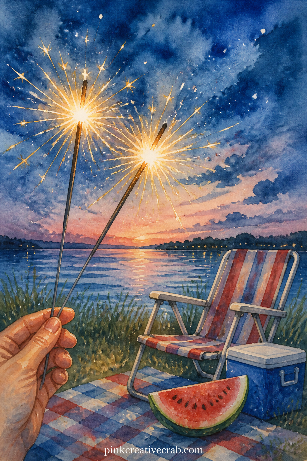 Sparklers On The Fourth printable page — Sparklers held up against a darkening sky, with a folding chair, a cooler and a half eaten watermelon slice scattered