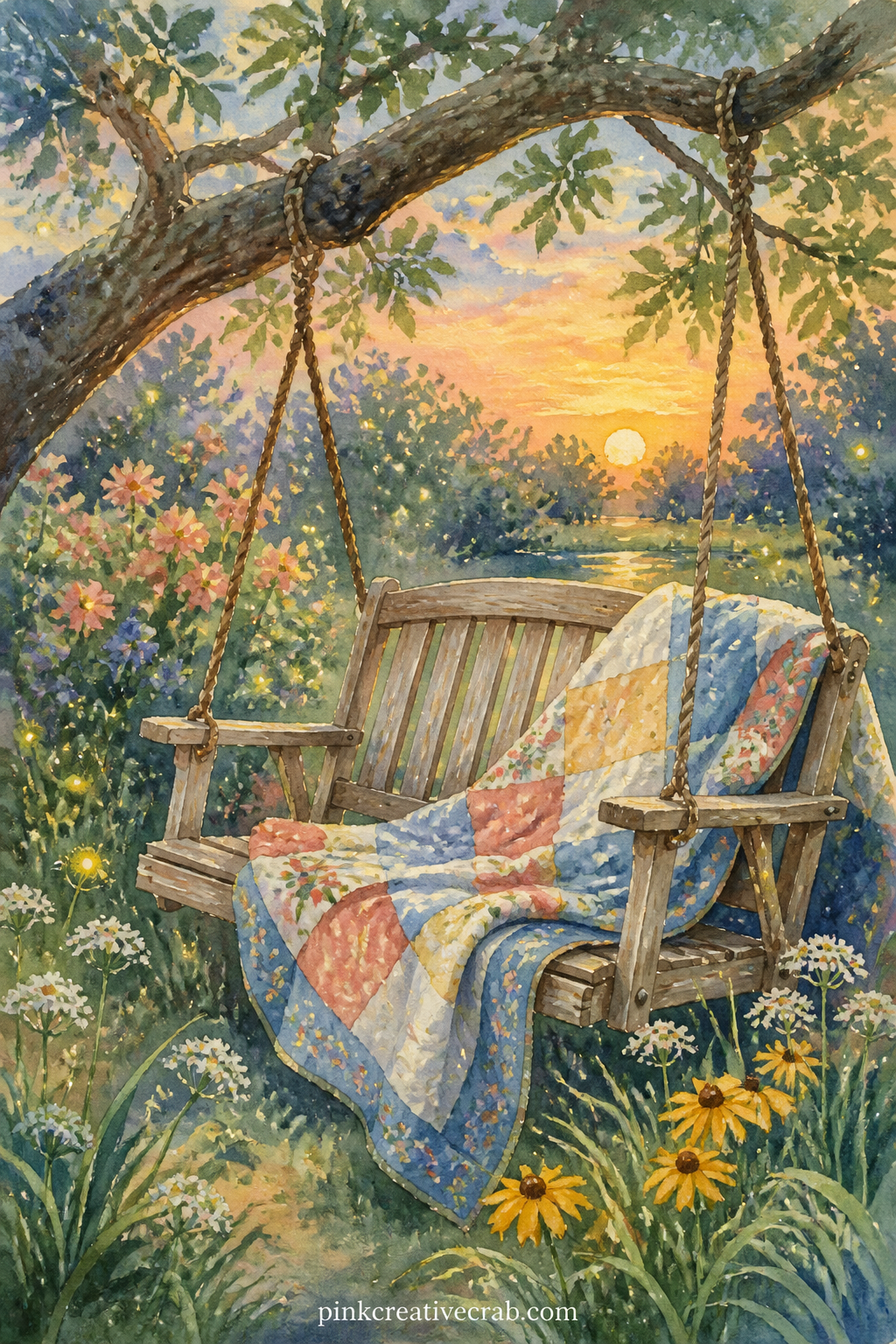 Garden Swing At Dusk printable page — Place this across from the hammock page, so the spread holds two ways of sitting still on a long summer evening. Summer