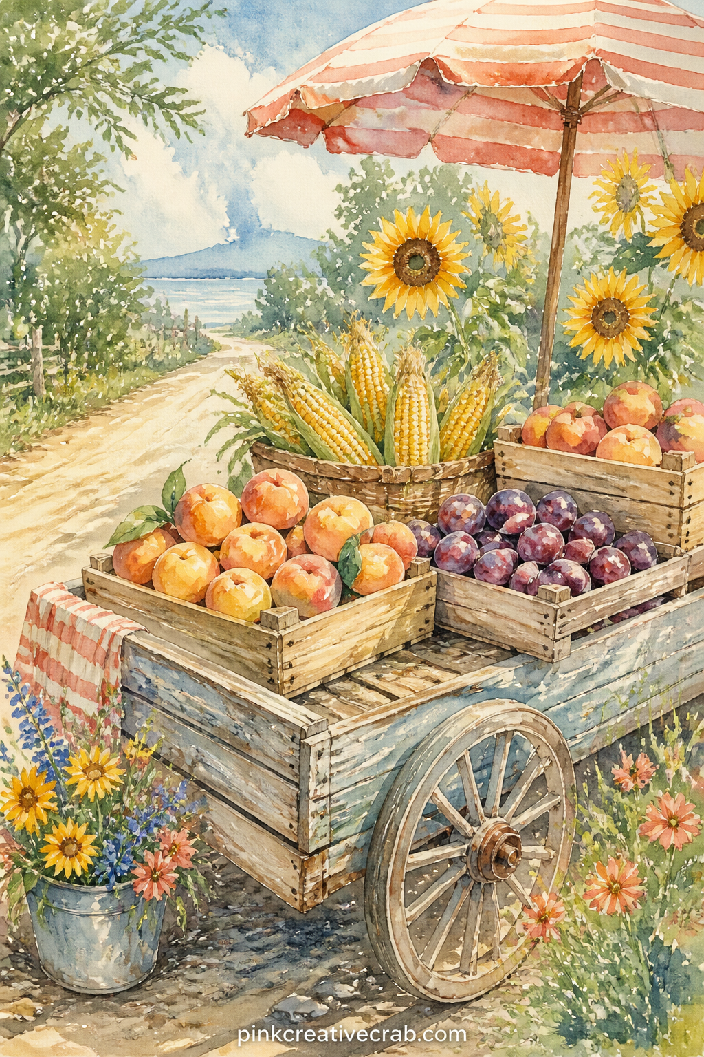 Roadside Fruit Cart printable page — The usual mistake is crowding every fruit onto the cart: leave gaps between the crates so the eye has somewhere to rest.