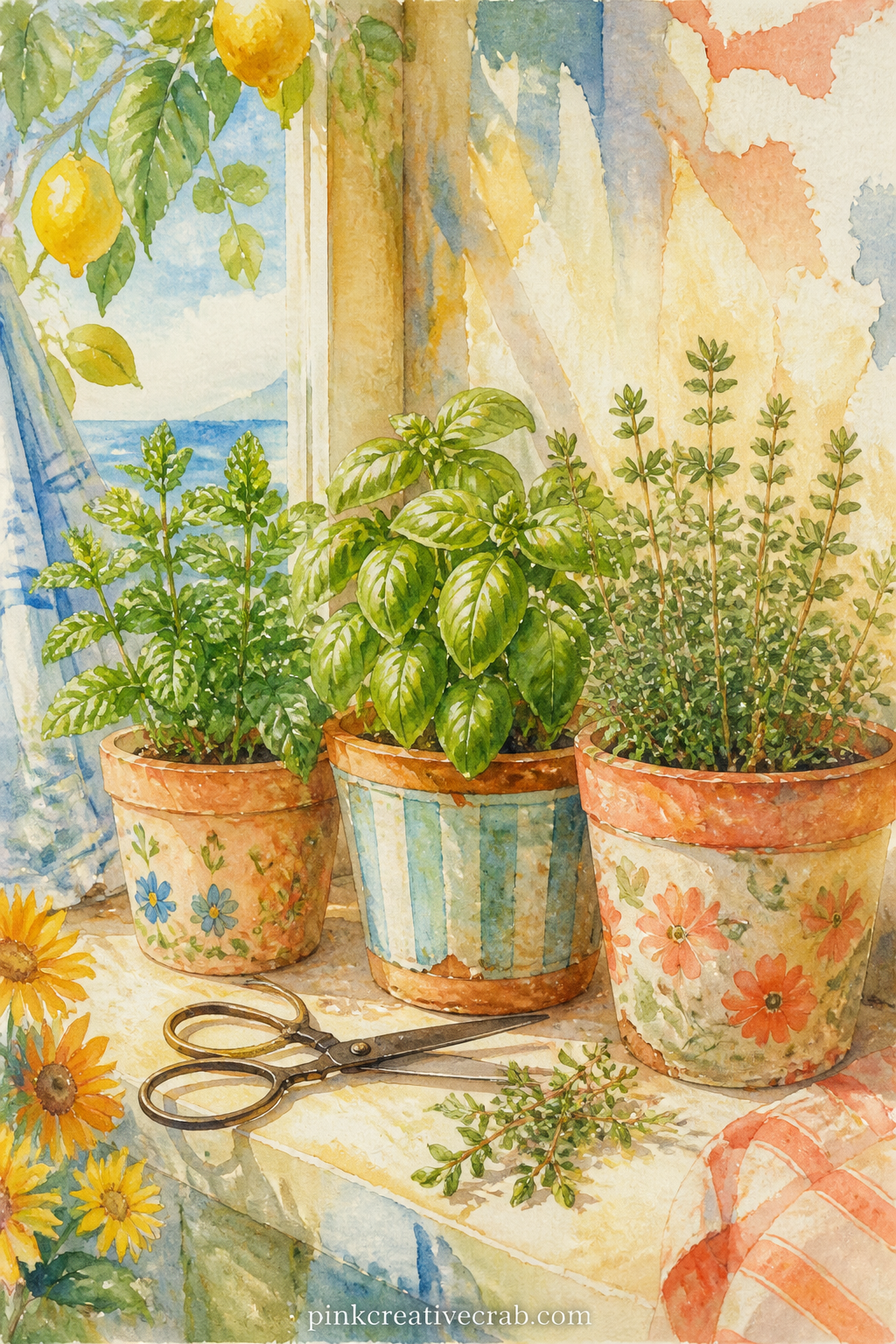Herb Pots On A Windowsill printable page — Mint, basil and thyme growing in mismatched terracotta pots along a sunny windowsill, with a small pair of scissors