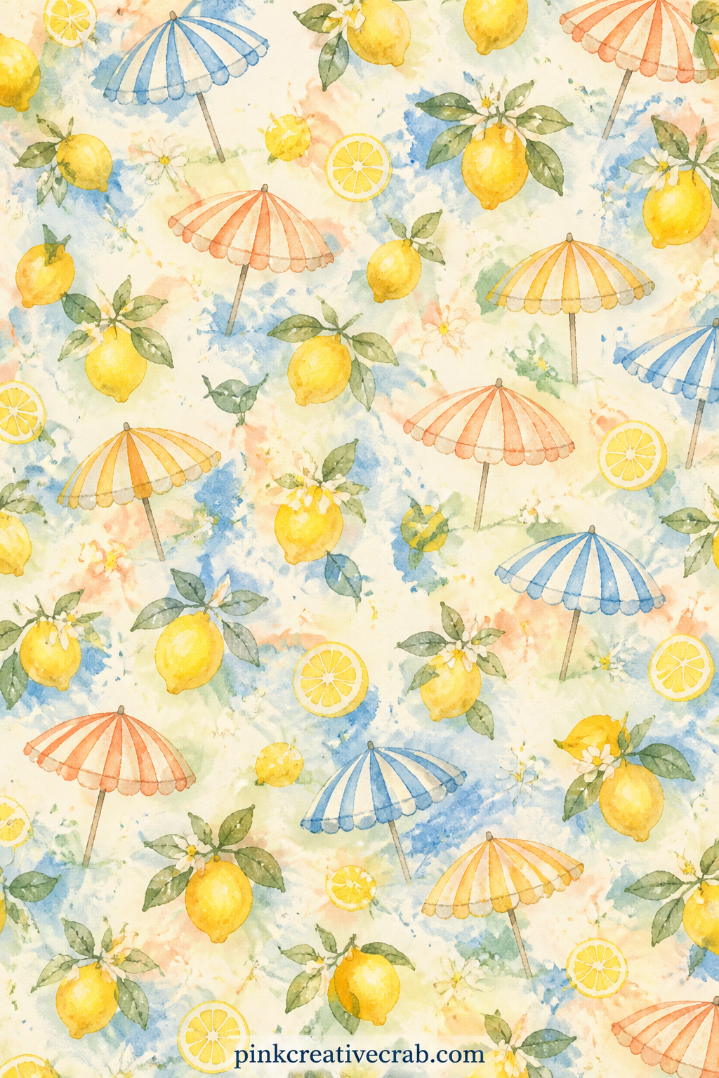 Lemons And Striped Umbrellas Pattern printable page — Use this lemon and umbrella pattern under a lemonade stand photo, as a full page background behind a