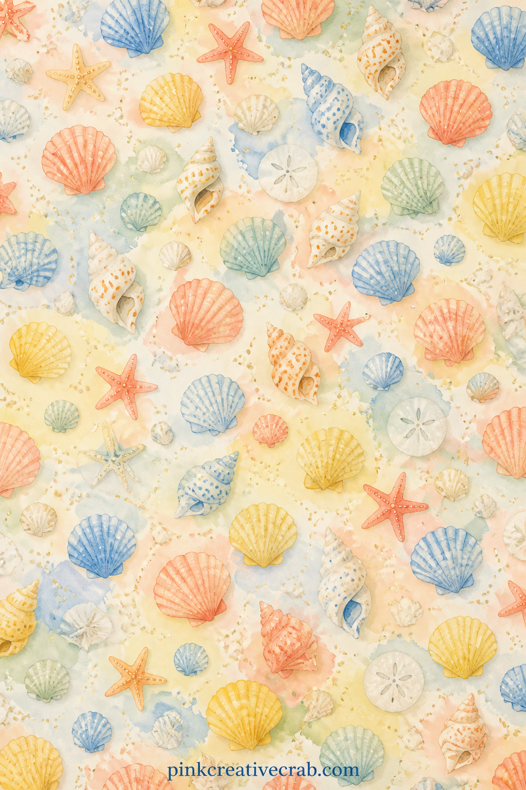 Scattered Seashell Pattern printable page — Use this shell pattern under a beach photo, as a lining behind the lake dock page, or as a quiet closing page at