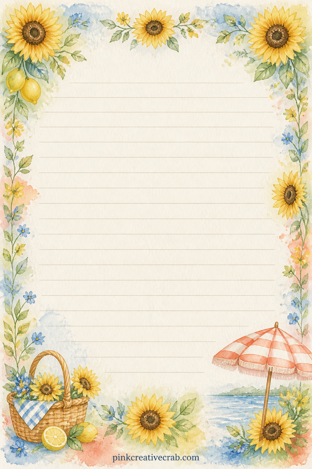 Sunflower Border Lined Page printable page — Use these ruled lines for a gift list from a summer market day, a short letter to next year about this season, or
