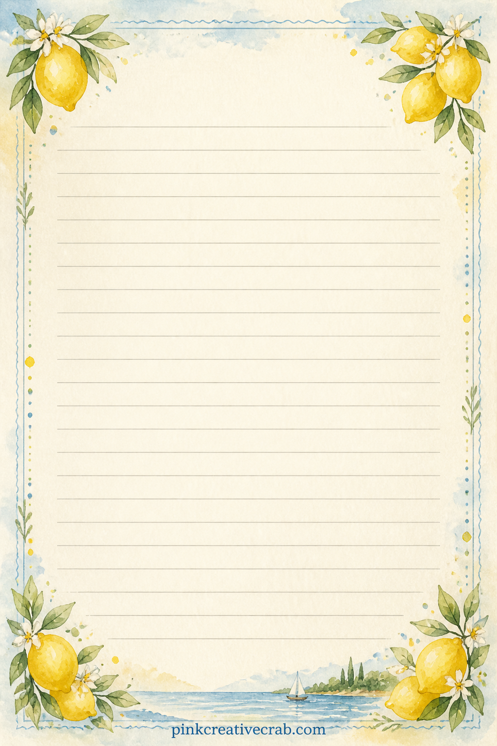 Lemon Corner Spray Lined Page printable page — Write a lemonade recipe here, a list of guests from a summer gathering, or a few lines about the hottest day of
